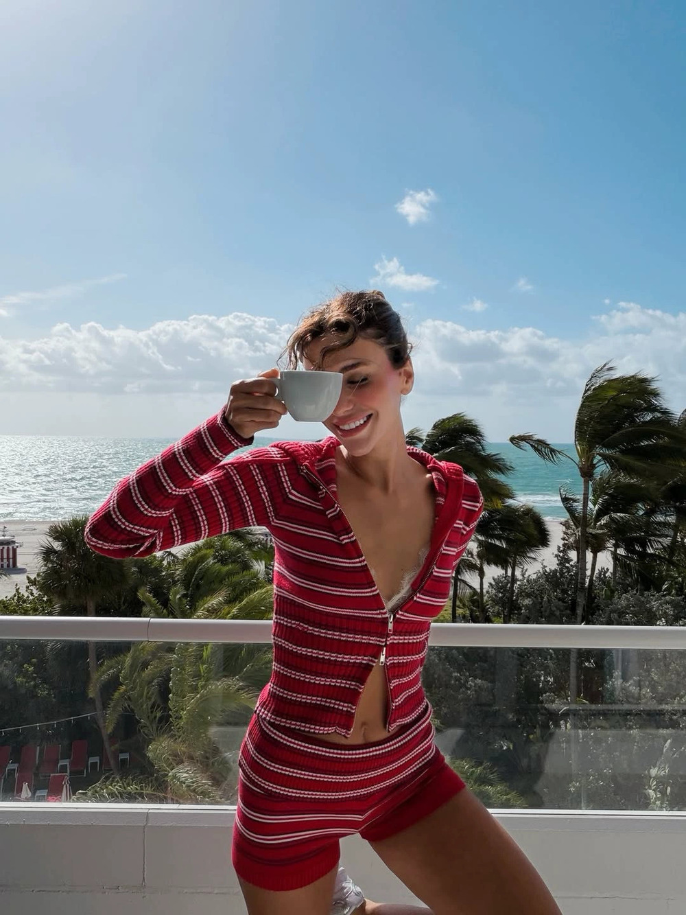ZARA Sexy Striped Knit Long Sleeve Top and Shorts Beach Vacation Two Piece Set